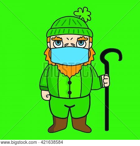 St Patrick's Dwarf Mascot Cartoon Character Illustration In A Pose Holding A Cane And Wearing A Medi