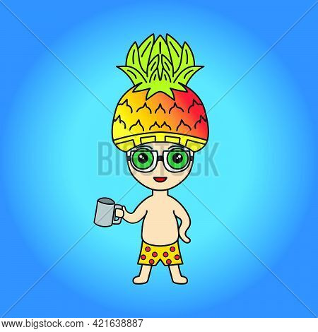 Cartoon Illustration Of The Mascot Character Of A Cute Man With A Pineapple Head Drinking Juice Or B