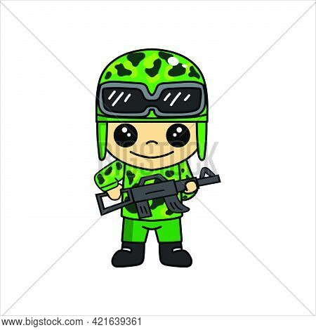 Mascot Illustration Of Army Cartoon Character Or Cute Soldier With A Gun