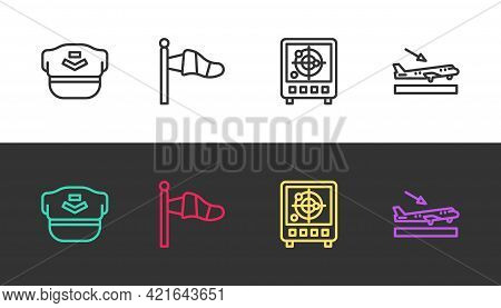 Set Line Pilot Hat, Cone Meteorology Windsock, Radar With Targets Monitor And Plane Landing On Black