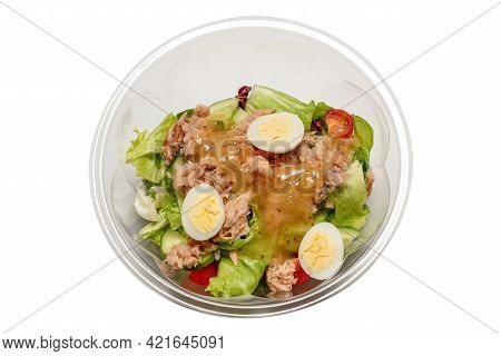 Fresh Tuna Salad With Lettuce, Cucombers, Cherries And Eggs In Plastic Container.  Top View.