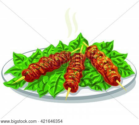 Illustration Of The Traditional Turkish Kofta Kebab With Greens On The Plate