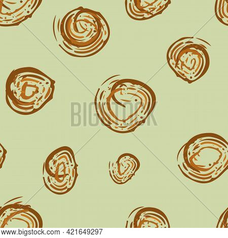 Scribbled Painterly Circle Vector Seamless Pattern Background. Hand Drawn Brush Stroke Ochre Brown C