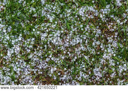 White Ice Hail On The Green Grass After Summer Storm