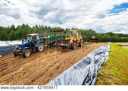 Agricultural Machinery For Harvesting Silage. A Bulldozer And A Tractor Compact The Cut Grass In A S