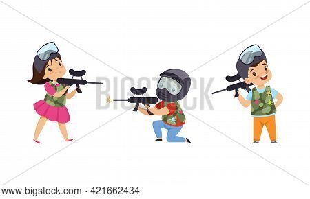 Cute Kids Playing Paintball Set, Boys And Girls Paintball Players Characters Wearing Masks And Vests