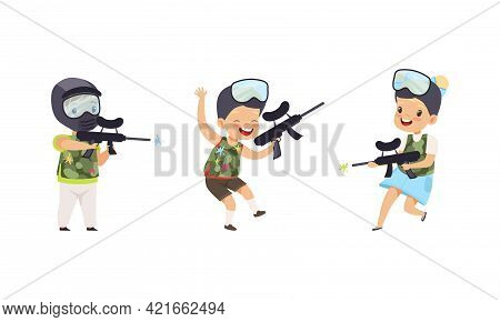 Cute Kids Playing Paintball Set, Happy Boys And Girls Paintball Players Playing Strategy Game Cartoo