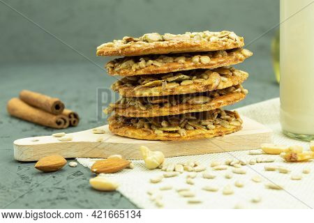 Delicious Cookies And Milk-like With Space For Text. Fresh, Healthy Milk And Cookies