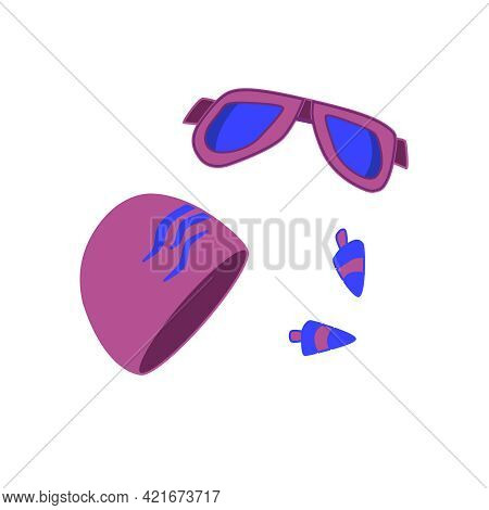Swimming Goggles, Swimming Cap And Earplugs. Vector Set Of Accessories For Swimming Lessons, Isolate