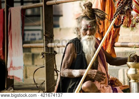 Varanasi, India - November 01, 2016: Portrait Of A Hindu White Bearded Sadhu, Pilgrim Or Aghori Baba