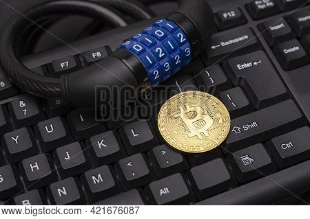 Cryptocurrency Bitcoin With Lock On Keyboard. Bitcoin Security