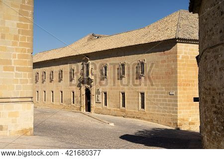 Baeza, Spain - September 07, 2020: University Facade And The Santa Maria Font In The Santa Maria Squ