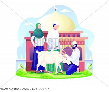People Are Sacrificing Goats Or Qurban On Eid Al Adha. Happy Eid Al Adha Mubarak. Flat Vector Illust
