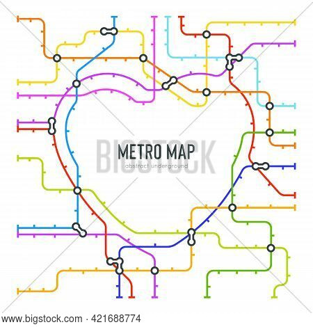 Abstract Metro Map In Shape Of Heart. Vector Subway Underground Scheme. City Transportation Diagram 