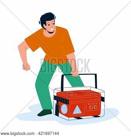 Generator Equipment Starting Young Man Vector. Emergency Generator Machine Start Boy. Character Auto