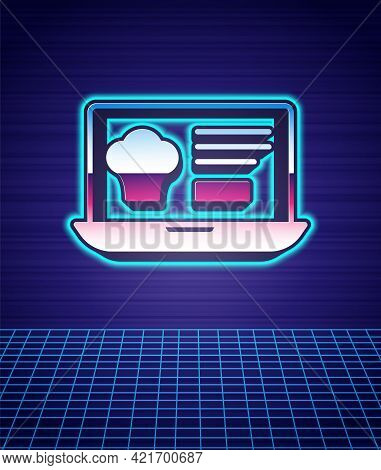 Retro Style Online Ordering And Fast Food Delivery Icon Isolated Futuristic Landscape Background. 80