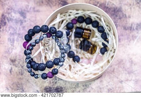 Bracelet Made Of Lava With Natural Stones. Handmade Jewelry Bottle With Essential Oils. Aroma Therap