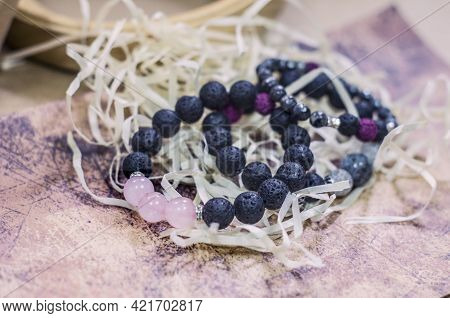 Bracelet Made Of Lava With Natural Stones. Handmade Jewelry Bottle With Essential Oils. Aroma Therap