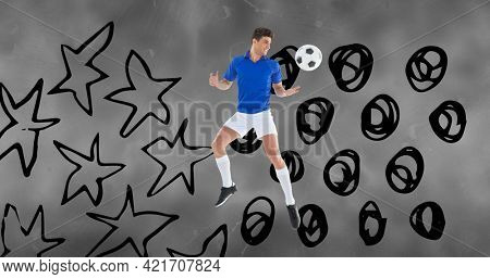 Composition of football player with ball over stars and dots on grey clouds. sports event and competition concept digitally generated image.
