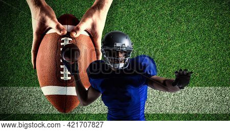 Composition of american football player throwing ball over pitch. sport event and competition concept digitally generated image.