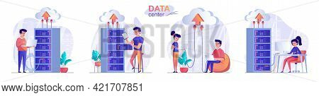 Data Center Concept Scenes Set. Engineers Work In Server Room, Maintain Equipment Operation, Cloud T