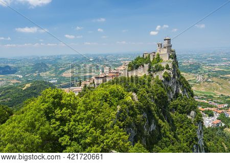 Mighty Guaita Tower and fortress on Mount Titano above the Republic of San Marino
