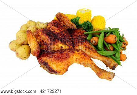 Roasted Spatchcock Chicken With Piri Piri Seasoning And Mixed Vegetables Isolated On A White Backgro