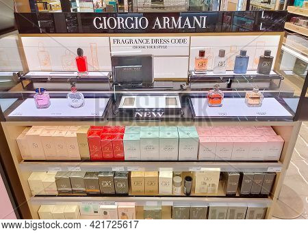 Antalya, Turkey - May 11, 2021: Shop Display Of Different Types Of Perfume Giorgio Armani