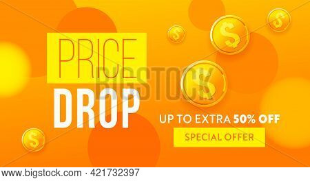 Price Drop Banner Design. Low Price Poster, Cheap Vector Template. Price Drop Falling Prices And Bus