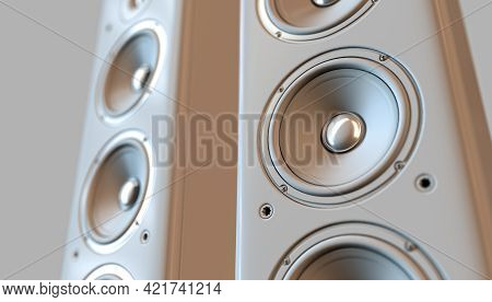 A Modern White Surround Sound Speaker Arrangment On A Light Backlit Studio Background - 3d Render