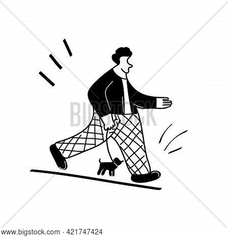 A Man Is Walking With His Dog. Caring For A Four-footed Friend. Vector Illustration In A Flat Style