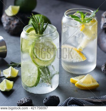Hard Seltzer Cocktails With Lime And Lemon And Bartenders Accessories