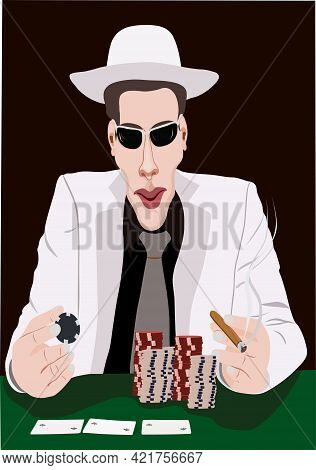 Man In Hat Plays Poker Poker Game Illustration.