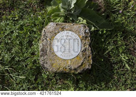 Olot, Spain, May 1, 2020 - Geodesic Mark Of Institute Of Cartography Of Catalonia On Volca Montsacop