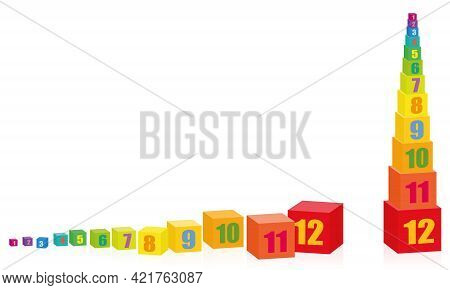 Numbered Cube Toy Tower Before And After Building. Set Of 12 Colorful Cubes Sorted By Size And Rainb