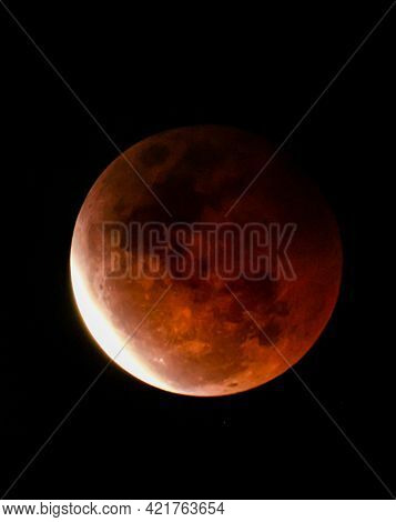 Lunar Eclipse On May 26, 2021 In Pasuruan, East Java - Indonesia. Blood Moon That Is Clearly Visible