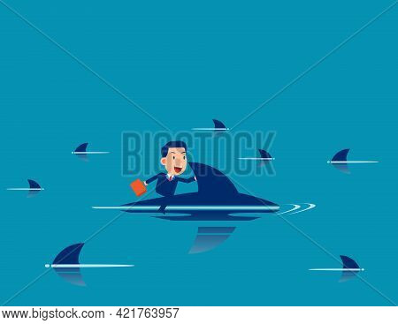 Ride The Shark Through The Sharks. Ambition And Motivation Concept