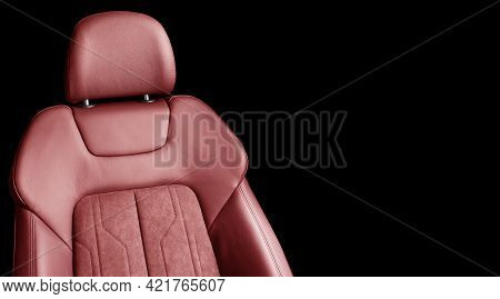 Modern Luxury Car Red Leather Interior. Part Of Red Perforated Leather Car Seat Details With White S