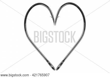 Fishing Hook Love Heart Sign Isolated On A White Background. Fishing Hook Close Up. Fishing Tackle. 