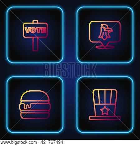 Set Line Patriotic American Top Hat, Burger, Vote And Eagle. Gradient Color Icons. Vector