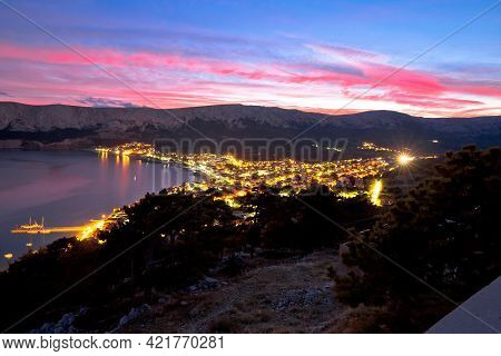 Baska. Aerial Sunset Burning Sky View Of Town Of Baska. Island Of Krk In Croatia.