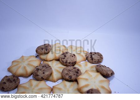 Delicious Butter Cookies And Cholote Chips, On A White Background