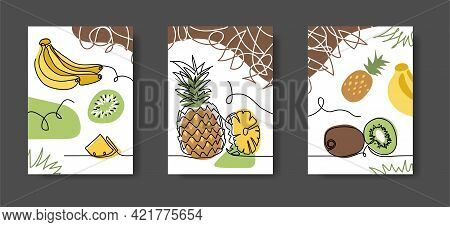 Exotic, Tropical Fruits Wall Lineart Decoration. Pineapple, Bananas, Kiwi. Set Of Vector Illustratio