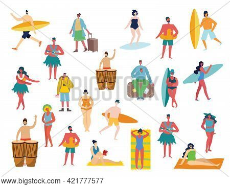 Set Of Different Vector Summer Travel People And Icons In The Flat Stye