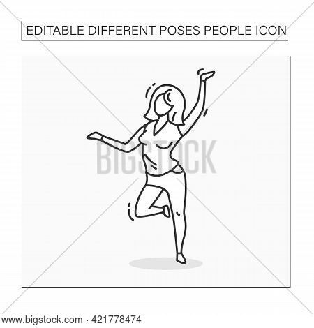 Person Pose Line Icon. Woman Raised Hands And One Leg Up. Dancing. Satisfied. Looking Directly.peopl
