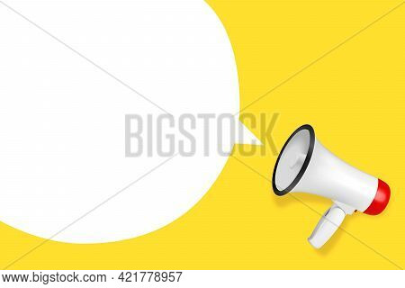 Vector Realistic 3d Simple White Megaphone With Speech Buble On Yellow Background. Design Template, 