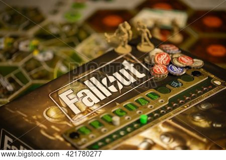 Roseville, Mn, Usa, 02.04.2021 - Fallout Post-apocalyptic Strategy Board Game Components On Map Tile