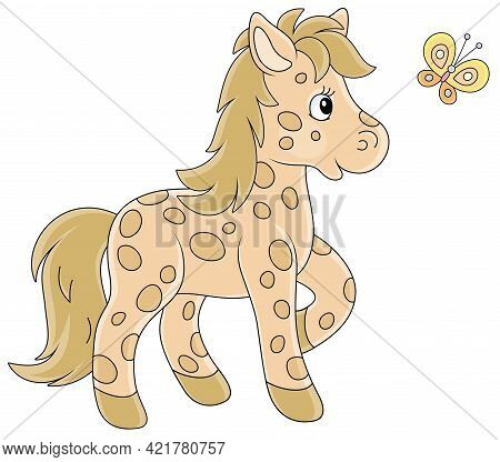 Spotted Cute Little Pony Playing With A Merry Flittering Butterfly, Vector Cartoon Illustration Isol