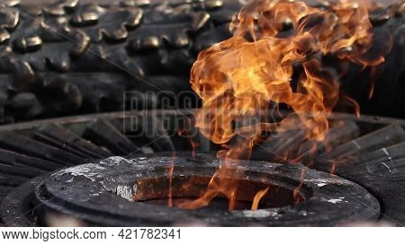 Close Up Of Eternal Flame Monument At Grave Of Unknown Soldier. Eternal Burning Fire Memory Memorial