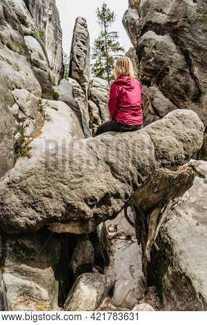 Ostas Nature Reserve And Table Mountain,broumov Region,czech Republic.sitting Girl Enjoying View Of 